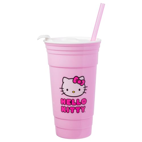 Silver Buffalo Hello Kitty Face Logo Plastic Tumbler With Lid And Straw, 32 Ounces