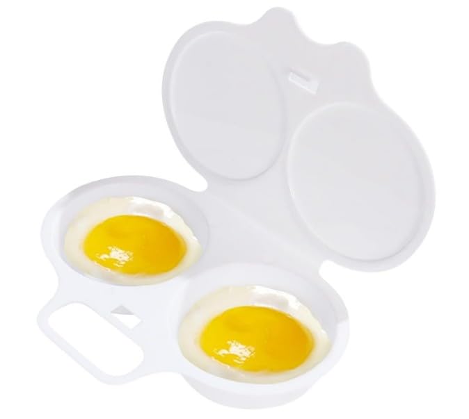 White Egg Poacher, Plastic Egg Boiler Poacher, 2 Cavity Nonstick Poached Egg Maker With Lid, Egg Poacher Microwave Egg Cooker, D