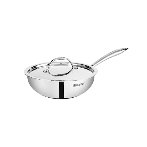 Bergner Argent Triply Stainless Steel 22Cm Wok With Stainless Steel Lid, 2.2 L Kadai With Long Handle, Less Oil Use, Healthy Coo