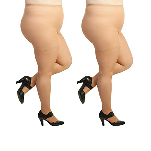 Plus Size Pantyhose For Women Soft Sheer Queen Tights No Rip Or Run 2 Pairs (8X, Suntan)