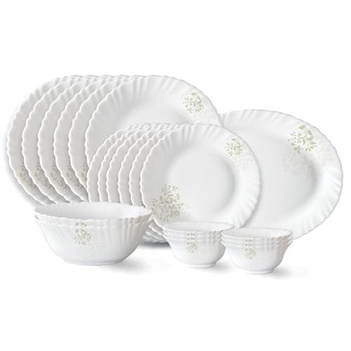 Larah By Borosil Ingot Fluted Series Opalware Dinner Set | 21 Pieces For Family Of 6 | Microwave & Dishwasher Safe | BoneAsh Fr