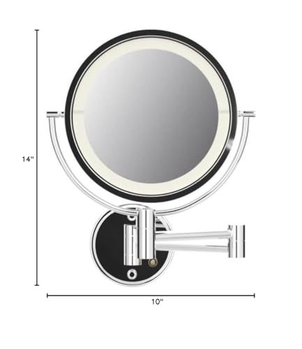 JERDON Two-Sided Wall-Mounted Makeup Mirror with Lights - Direct-Wired Lighted Makeup Mirror with 8X Magnification & Wall-Mount Arm - 8.5-inch Mirror - Model HL88CLD