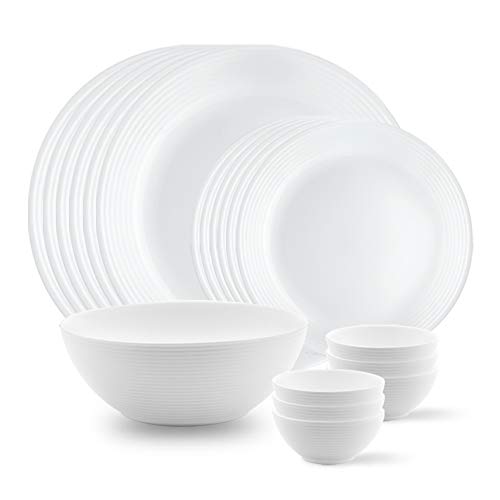 Larah By Borosil Orbit Series 19 Pieces Opalware Dinner Set, Opal Glass Dinner Plates & Bowls, Crockery Set For Dining (White)