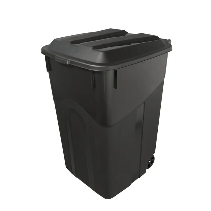 45 Gallon Wheeled Garbage Can, Attached Lid, Black