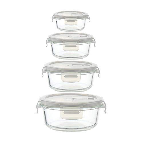 Femora Borosilicate Glass Food Storage Container with Air Vent Lid, Round, 240 ML, 380 ML, 580 ML, 940 ML, Set of 4