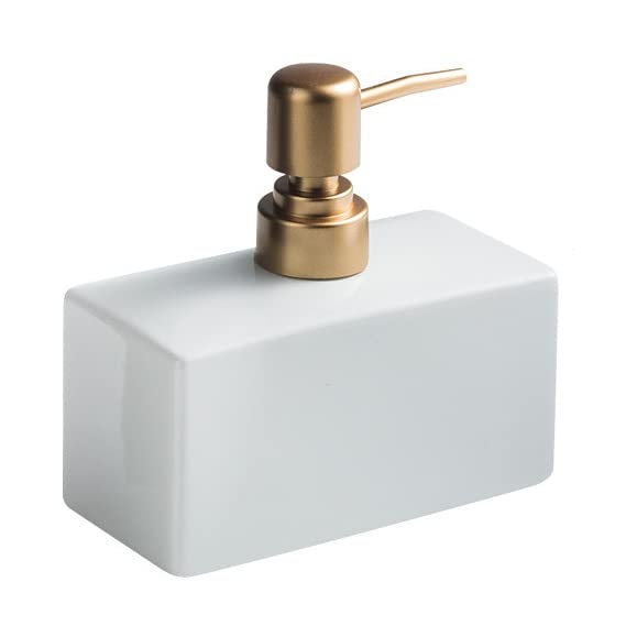 Modern Soap Dispenser With Matte Golden Pump For Bathroom, 13.5 Oz Ceramic Rectangle Lotion Dispenser, Refillable Dish Soap Disp