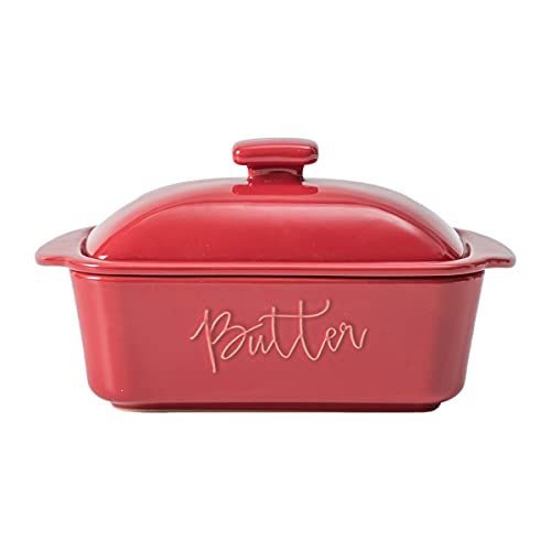 FE Butter Dish  10 oz Ceramic Butter Keeper with Water Line  French Butter Dish with Lid for Countertop (Apple Red)