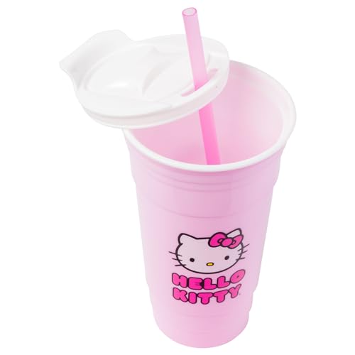 Silver Buffalo Hello Kitty Face Logo Plastic Tumbler With Lid And Straw, 32 Ounces