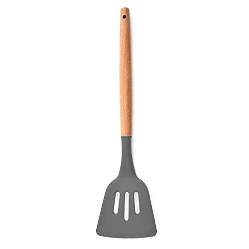 PPlus International Silicone Slotted Spatula, High Heat Resistant To 480F, Bpa Free, Food Grade Slotted Turner, Wooden Handle N