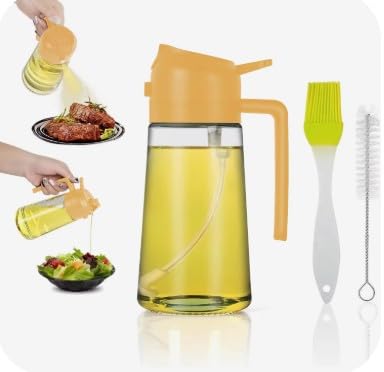Glass Oil Sprayer Dispenser Bottle, 470ml, 2-in-1 Pour and Spray, Clear Glass with PP Lid, Includes 2 Brushes for Cooking, Bakin
