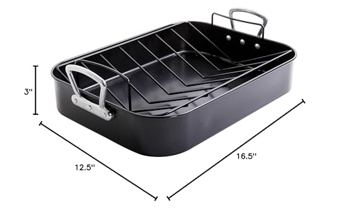 Gibson Home French Roaster 2 Piece Carbon Steel Indoor Oven Baking Roasting Non Stick Turkey Chicken With Roast V Rack, Black