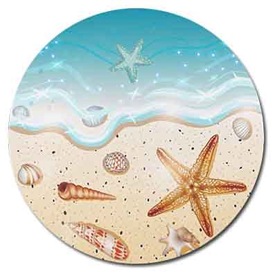 Blue Starfish And Sandy Beach Round Coaster Set Of Drink- Made Of Polyester Fabric And Recycled Rubber Coaster Set - Set Of 4