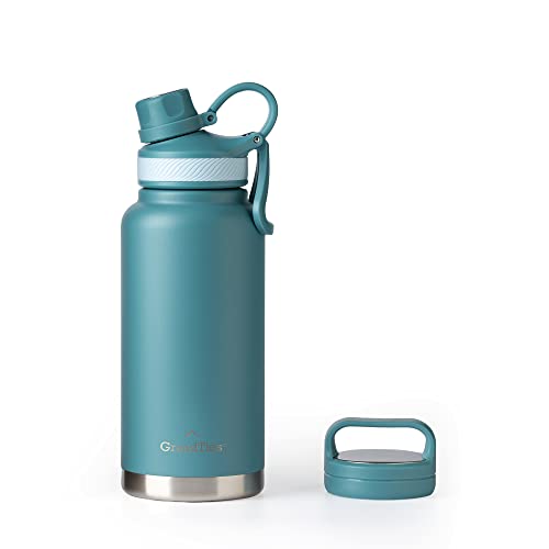 GrandTies 2 Lids Sports Stainless Steel Water Bottle- 32oz  Reusable Wide Mouth Vacuum Insulated Water Bottles  Travel Metal Canteen  Coldest Water bottle for Men and Women-Atlantis Blue