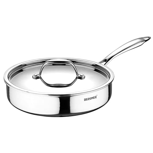 Bergner Argent Triply Stainless Steel 26 Cm (3.1 L) Sautepan With Stainless Steel Lid, Stay Cool Cast Handle, Healthy Cooking, L