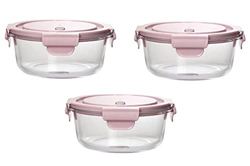 Indusbay Pack Of 3, 350 Ml Borosilicate Glass Round Food Storage Container Set With Air Vent Lid Airtight Lid Microwave Safe Con