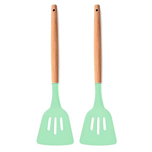 Spatlus Woodtula Kitchen Silicone Slotted Turner With Wooden Handle, Non-Stick Cookware Heat Resistant Kitchen Utensil Tools Gre