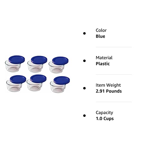 Pyrex Storage 1 Cup Round Dish, Clear With Blue Lid, Pack Of 6 Containers