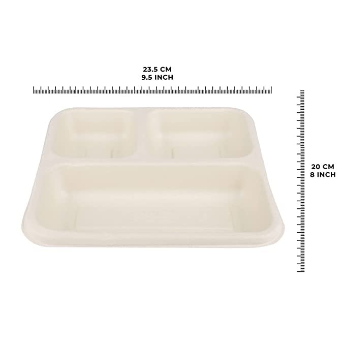 Sanwalsa 3 Compartment, Eco-Friendly Disposable Bagasse Plates, Pack Of 25 - Off White