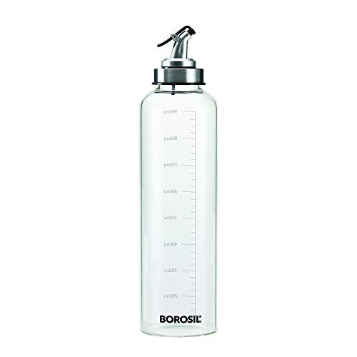 Borosil Glass Oil Dispenser (Transparent And Silver, 1L, Pack Of 1)