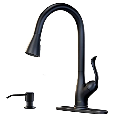 Matte Black Kitchen Faucet Pull Down Sprayer And Soap Dispenser - Single Handle Commercial High Arc One Hole Pull Out Spray Head
