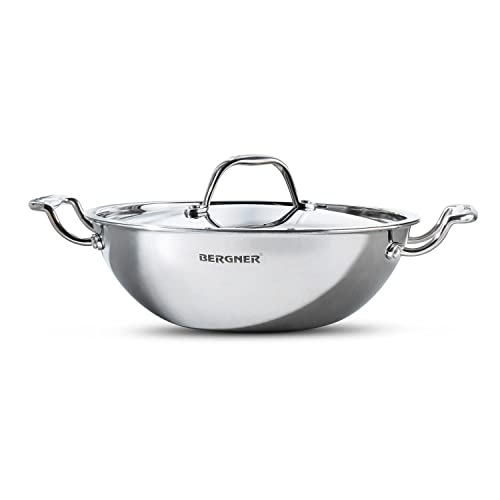 BERGNER Argent TriPly Stainless Steel 26 cm Kadai with Stainless Steel Lid, 3.5 L Kadhai/Karai with Lid, Food Safe, Stay Cool Ca