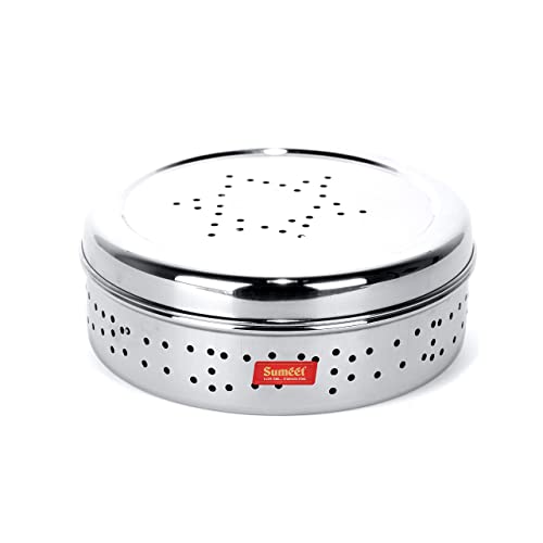 Sumeet Stainless Steel Hole Puri Dabbas/Sprout Maker/Flat Canisters With Air Ventilation Size No. 1220.4Cm Dia, Beige