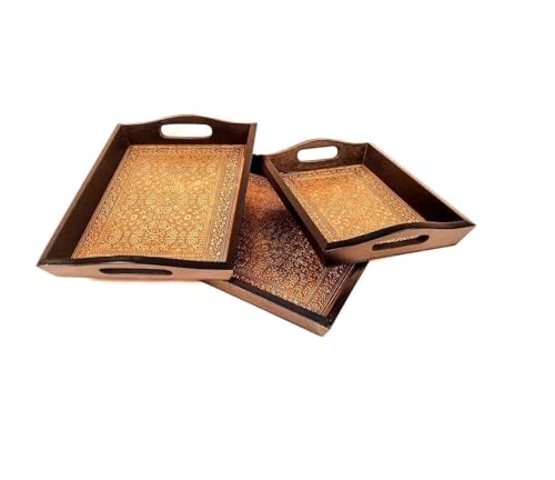Crafted Wonders Wooden Brass Tray Handcrafted Serving Tray For Table Decor, Home Decor And Gifts Set Of 3 (Brown)