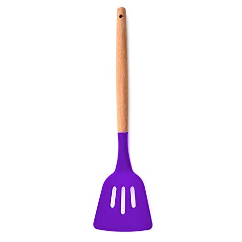 Spatlus Woodtula Kitchen Silicone Slotted Turner With Wooden Handle, NonStick Cookware Heat Resistant Kitchen Utensil Tools Pur