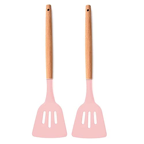 Spatlus Woodtula Kitchen Silicone Slotted Turner With Wooden Handle, NonStick Cookware Heat Resistant Kitchen Utensil Tools Pin