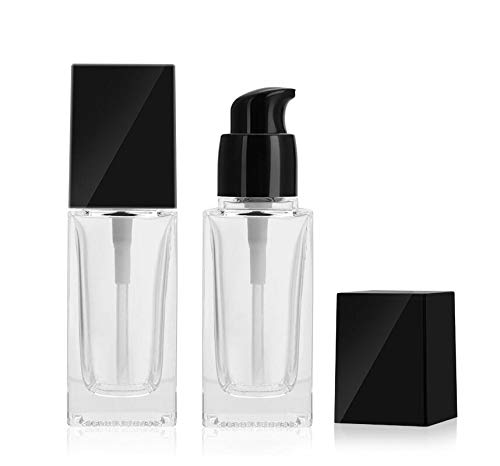 Quupy 2Pcs 15Ml/0.5Oz Empty Clear Square Glass Emulsion Essence Bottle With Black Pump Head Cosmetic Foundation Travel Vials Con