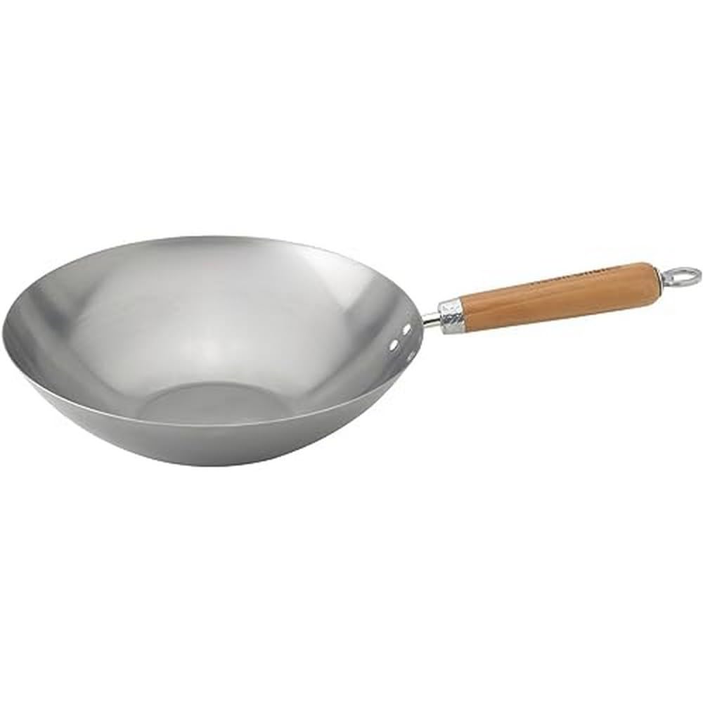 Helens Asian Kitchen Wok with Lid, Carbon Steel and Bamboo, 4-Piece Set, 13.5-Inches