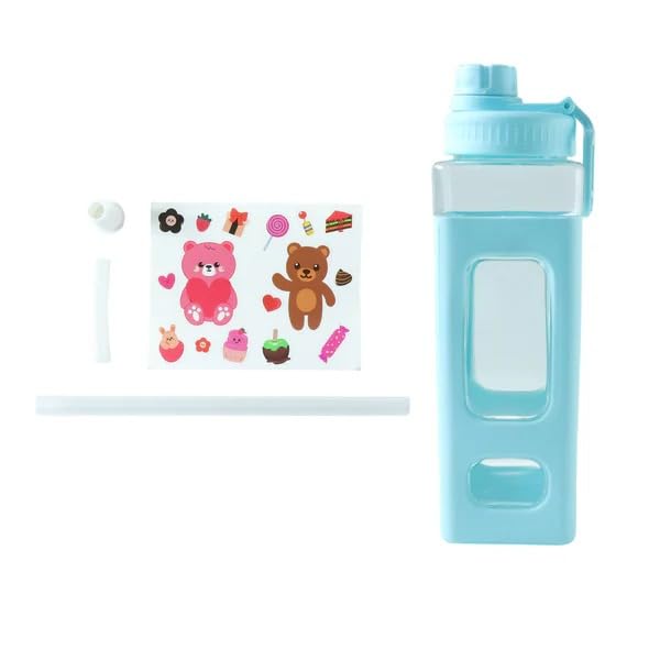 Garth Kawaii Glass Water Bottle With Silicone Sleeve, Straw, Blue, Square Shape, With Stickers Pack Of 1