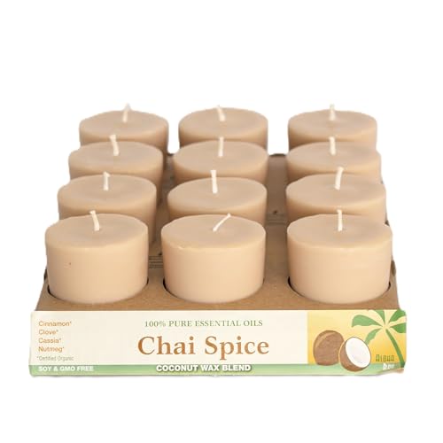 Hand Made Coconut Votive Candles |Chai Spice | Essential Oils Of Cinnamon, Clove, Cassia & Nutmeg |12-Pack | Long Burning| Vegan