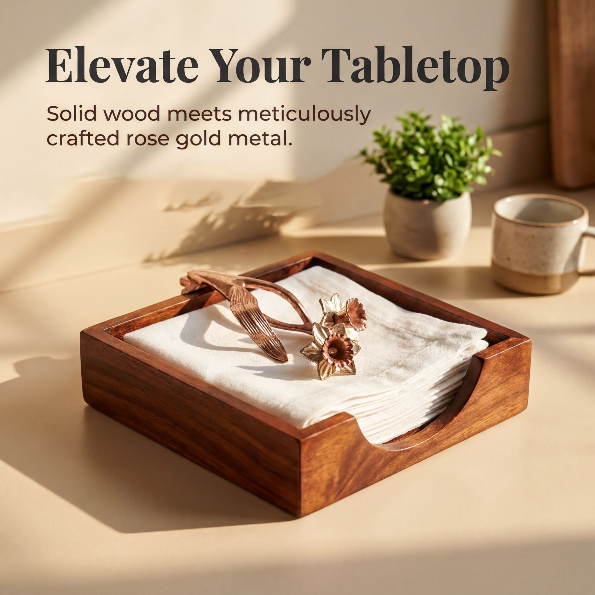 Wooden Napkin Holder – Solid Wood Kitchen Decor with Rose Gold Napkin Holder Finish