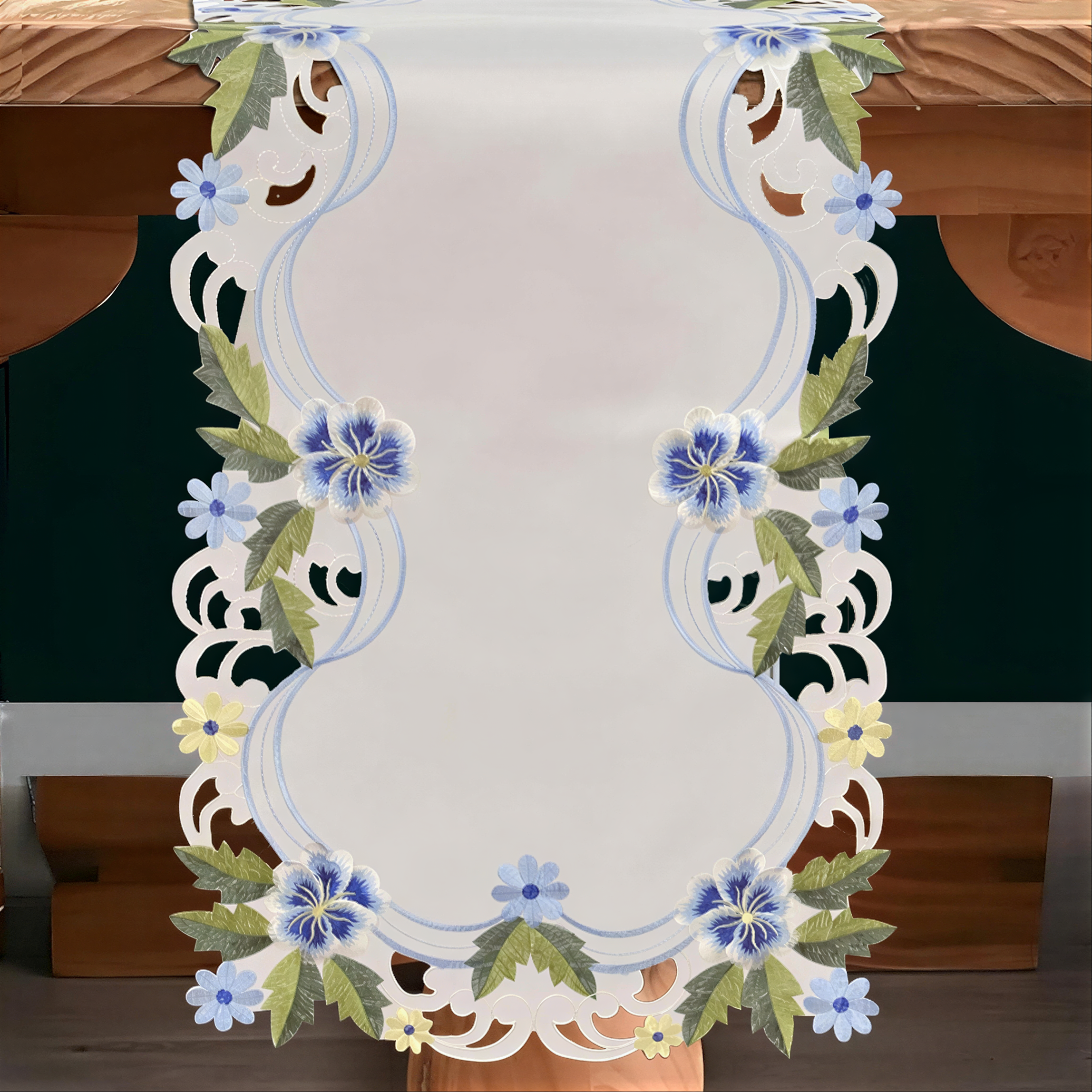 Blue Green Lace Table Runner – European Embroidered Polyester Fabric Decor 14x108 Inch