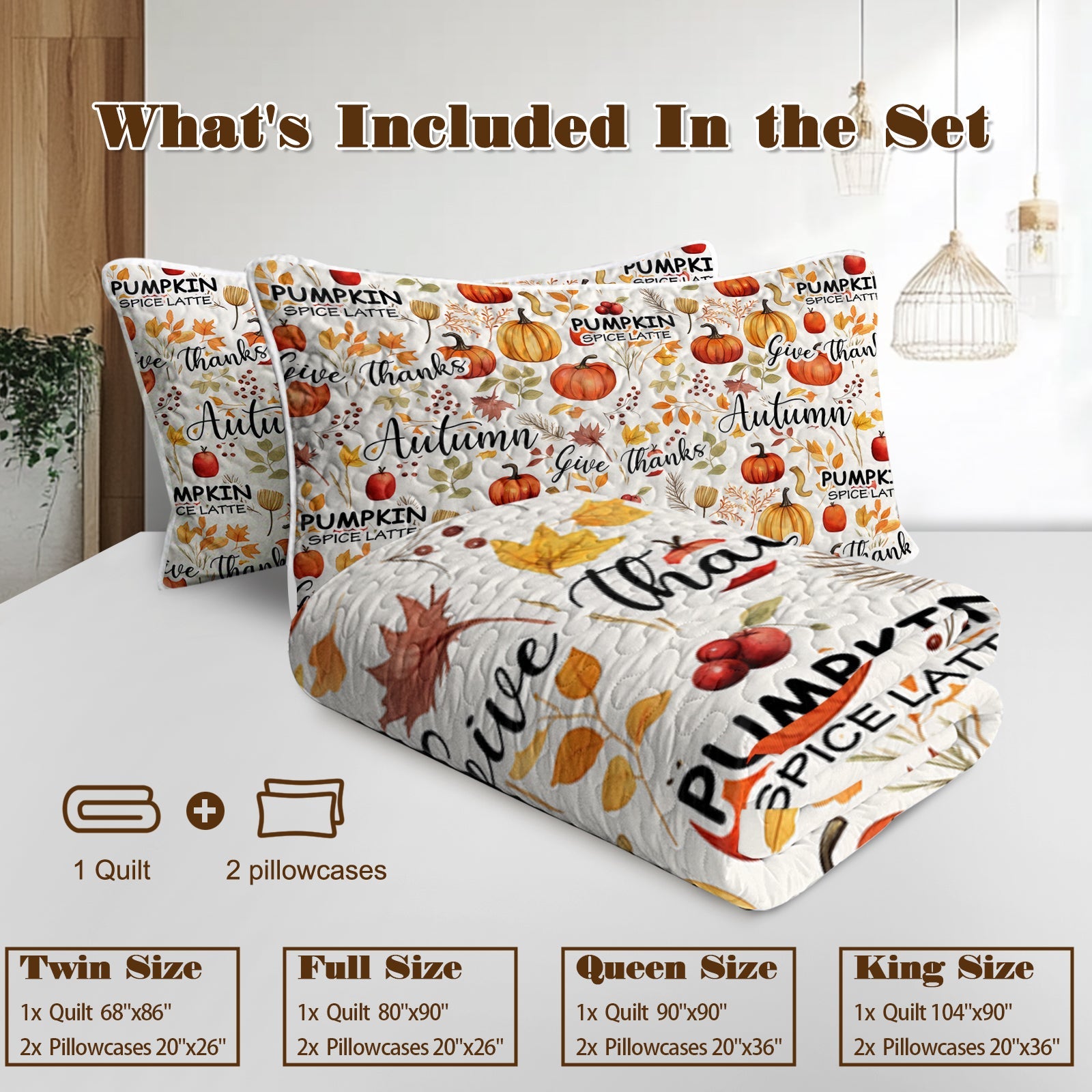 3pcs Pumpkin Autumn Leaves Design Quilt Set All Seasons Bedding Quilt Bed Set With 2 Pillowcases For Kids Teens Adults Bedroom
