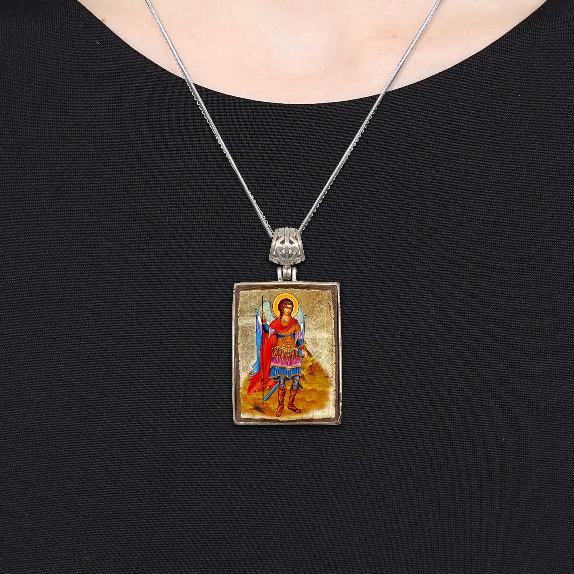 Saint Michael Religious Jewelry Silver Plated Necklace, Gold-Plated Wooden Cabochon - Orthodox Sacred Icon - Inspirational Icon Decor - 43022R