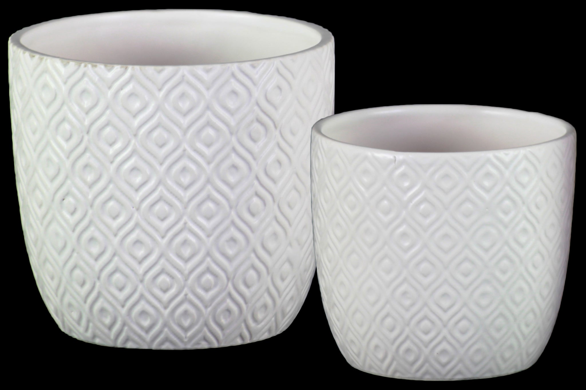Ceramic Square Pot With Embossed Diamond Design Body Set Of Two Matte Finish White