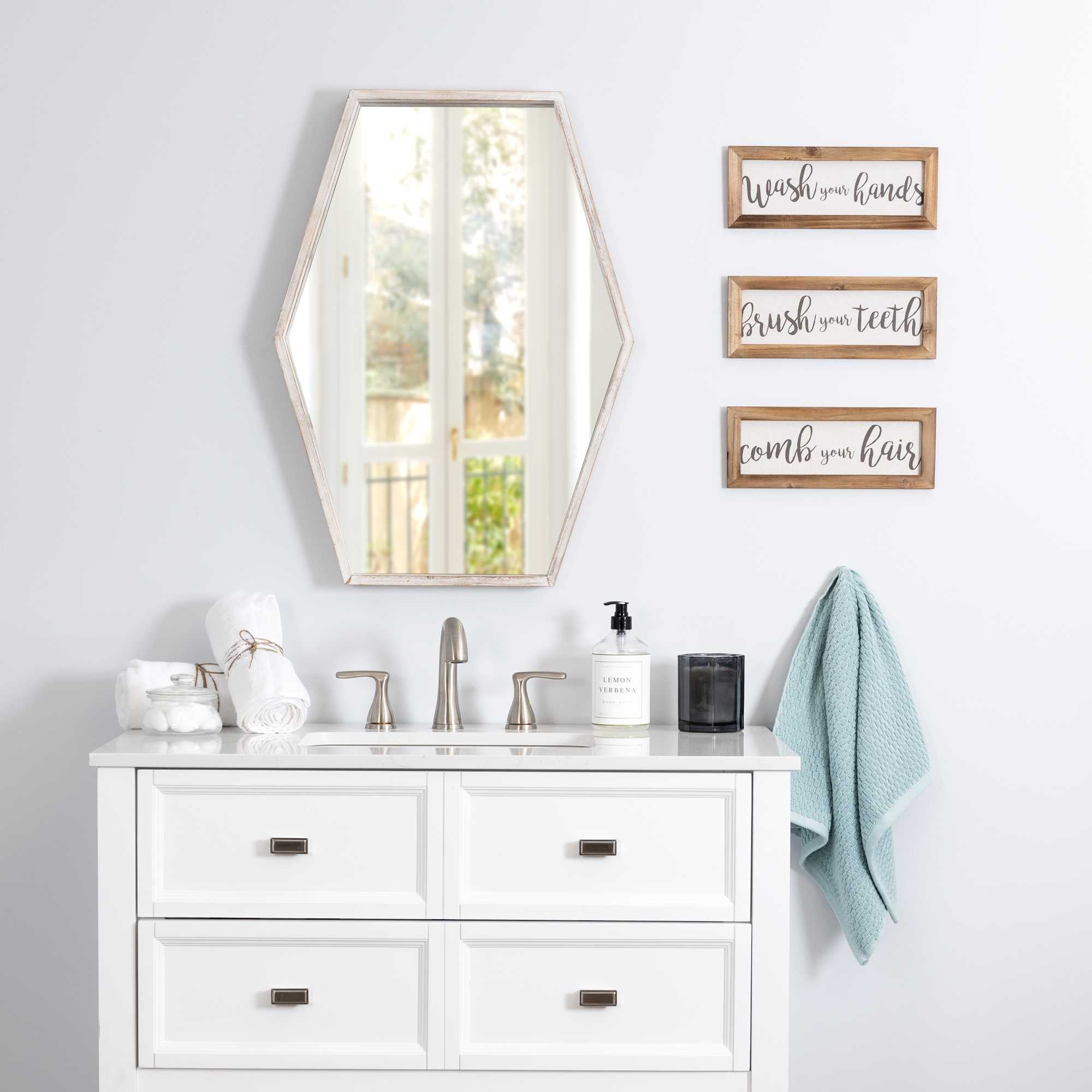 Set Of 3 Linen Bathroom Rules Wood Framed Wall Art