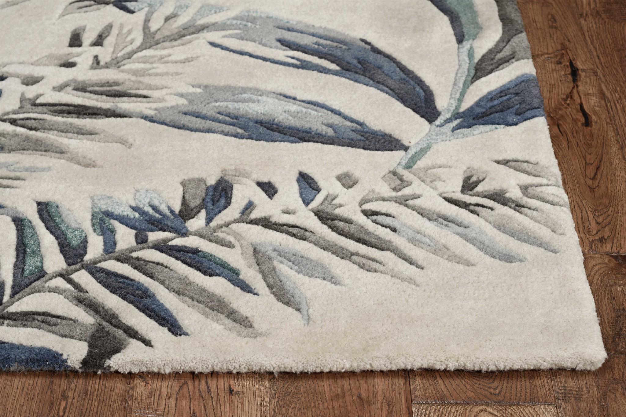8 Grey Blue Hand Tufted Tropical Leaves Indoor Runner Rug