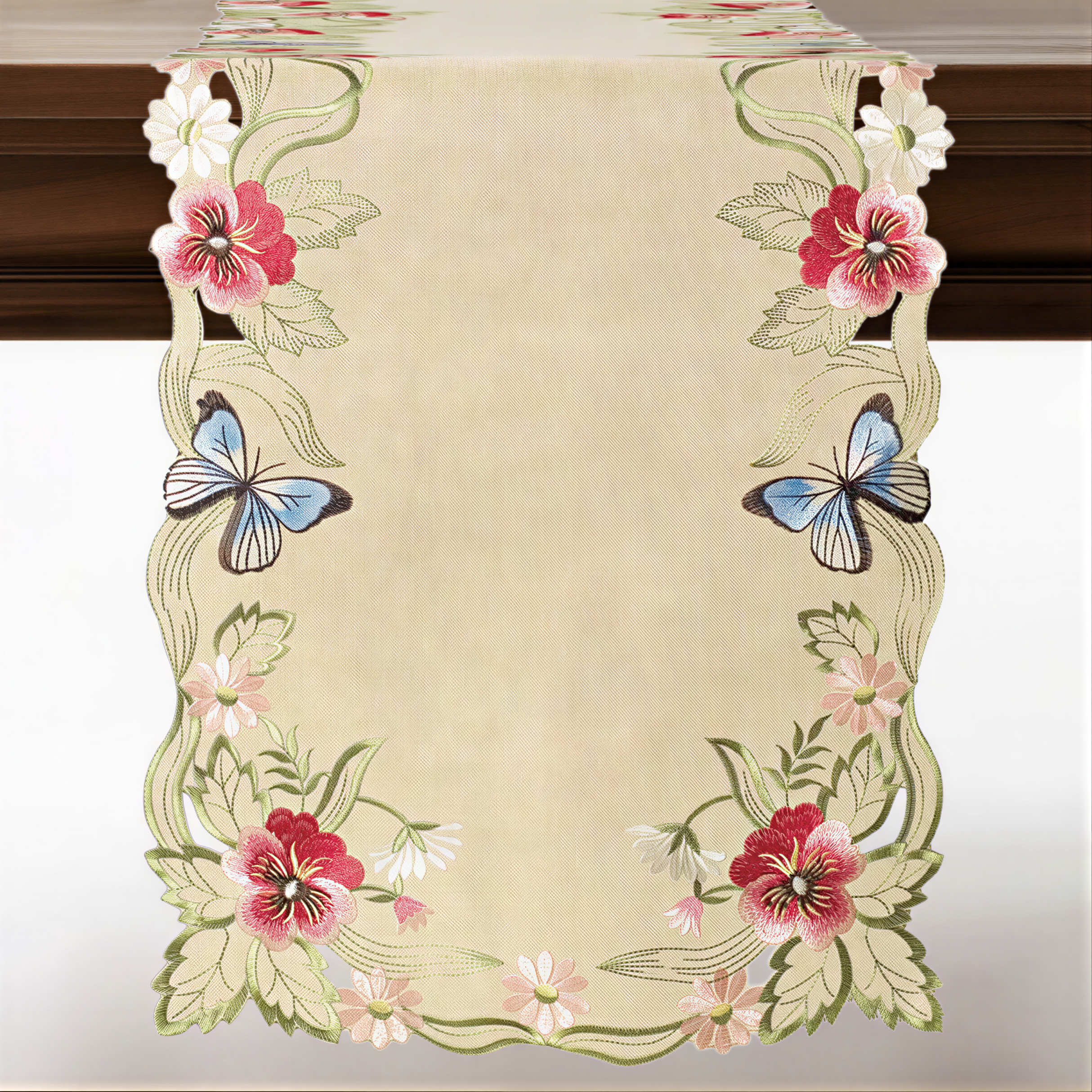 Beige Table Runner – Rustic Embroidered Dining Table Protector 14x108 Inch