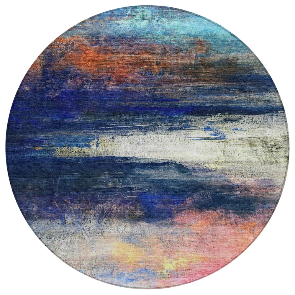 Machine Washable Indoor/Outdoor Chantille ACN2016 Blue 8 x 8 Round Rug