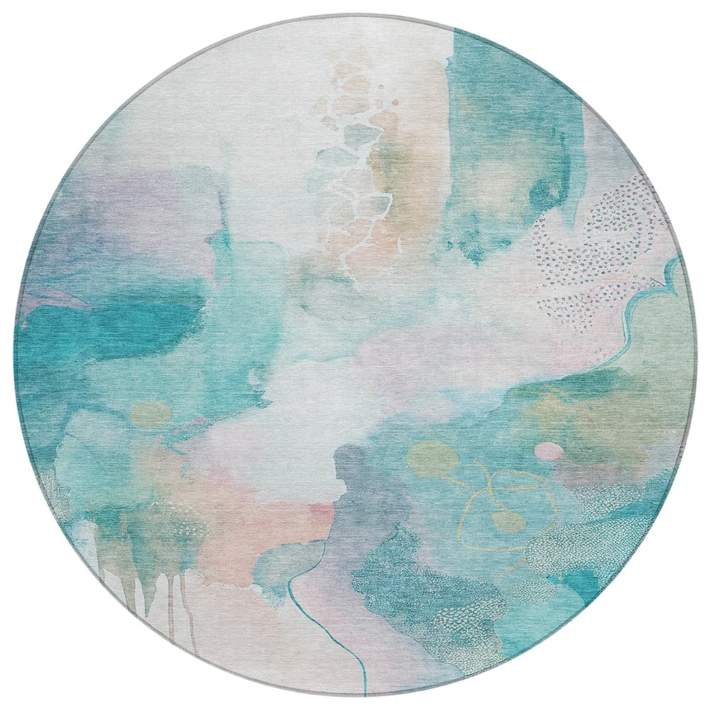 Machine Washable Indoor/Outdoor Chantille ACN2019 Turquoise 8 x 8 Round Rug