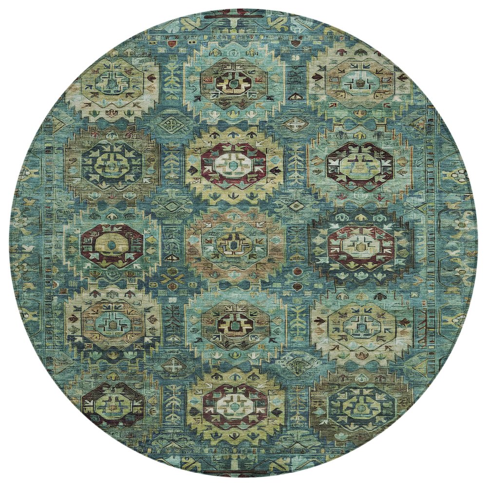 Machine Washable Indoor/Outdoor Chantille ACN2024 Teal 8 x 8 Round Rug