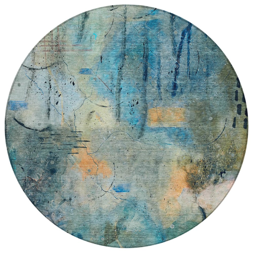 Machine Washable Indoor/Outdoor Chantille ACN2032 Teal 8 x 8 Round Rug