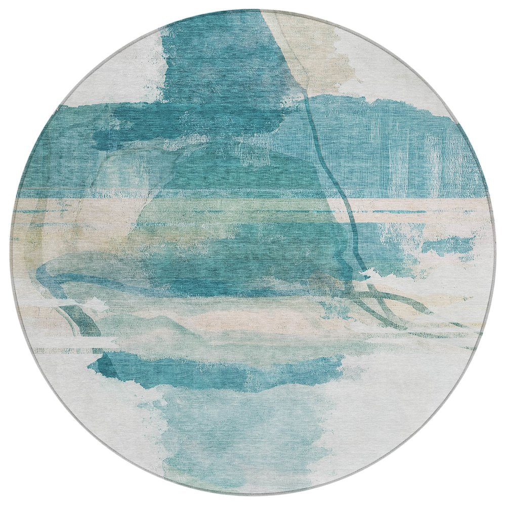 Machine Washable Indoor/Outdoor Chantille ACN2033 Teal 8 x 8 Round Rug