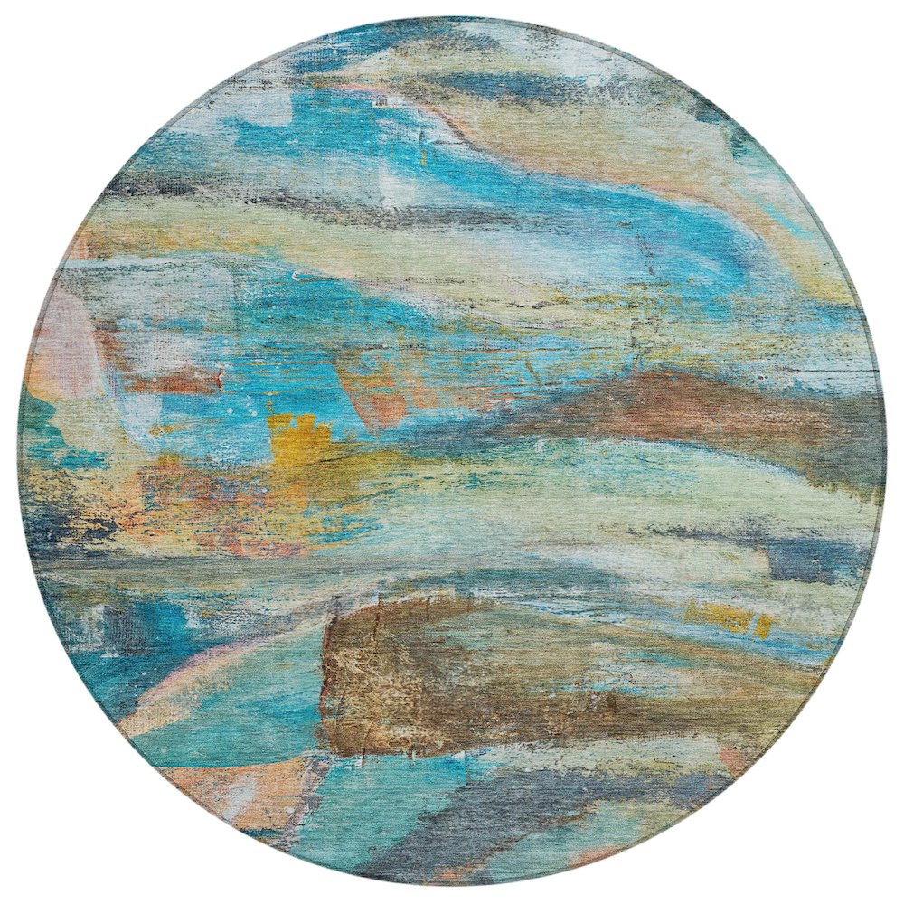 Machine Washable Indoor/Outdoor Chantille ACN2039 Teal 8 x 8 Round Rug