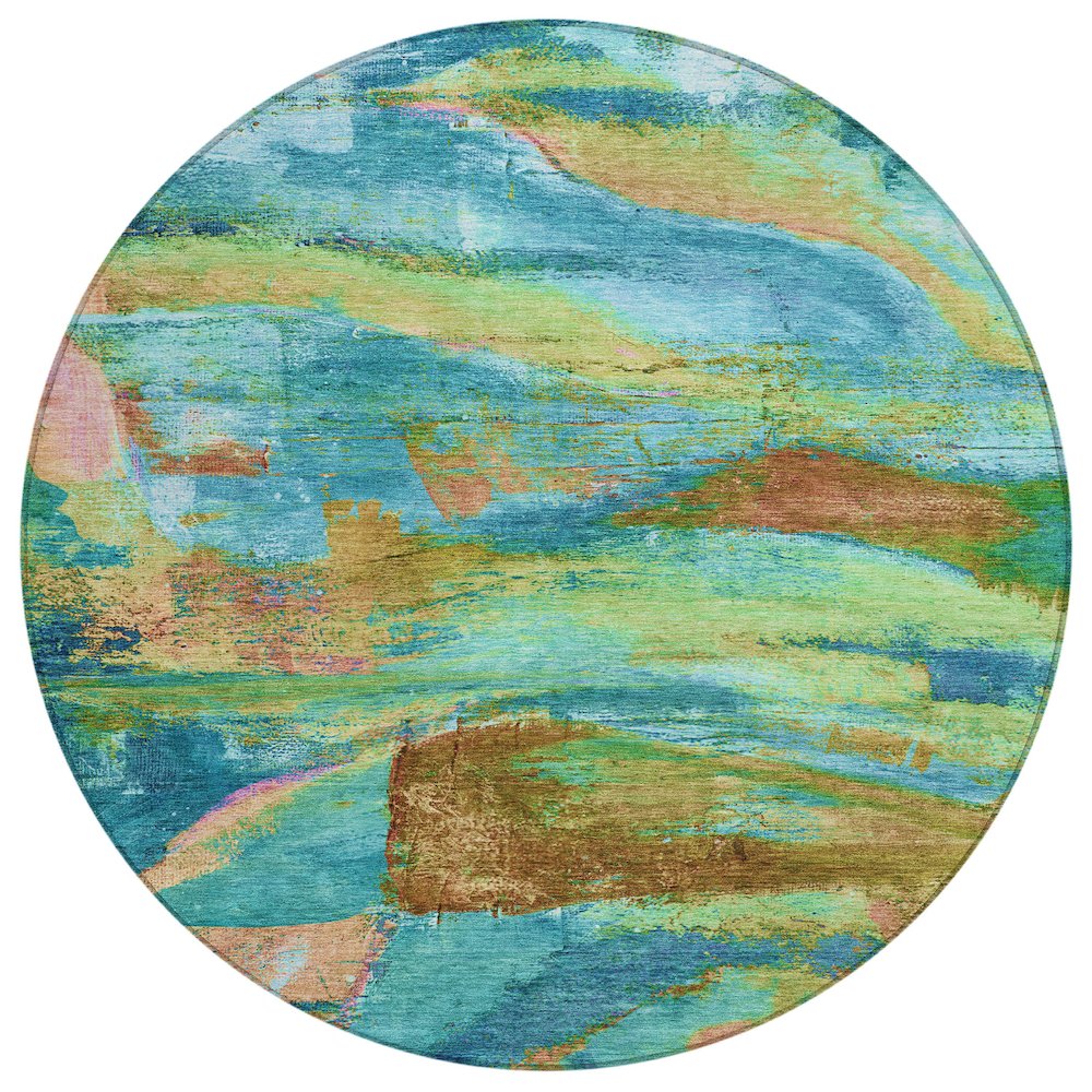 Machine Washable Indoor/Outdoor Chantille ACN2040 Teal 8 x 8 Round Rug