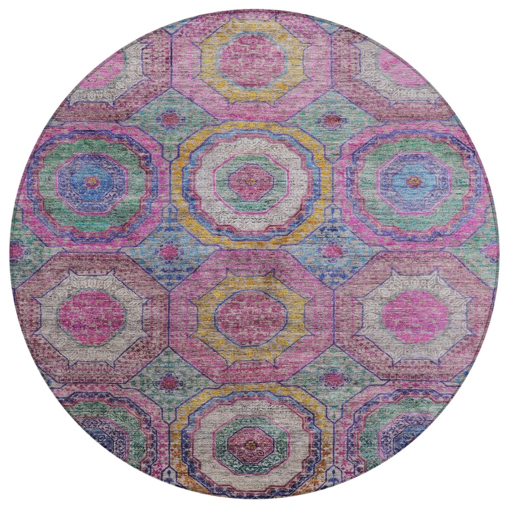 Machine Washable Indoor/Outdoor Chantille ACN2049 Pink 8 x 8 Round Rug