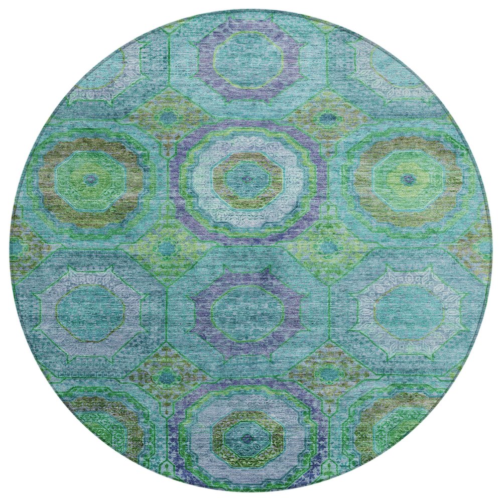 Machine Washable Indoor/Outdoor Chantille ACN2049 Teal 8 x 8 Round Rug